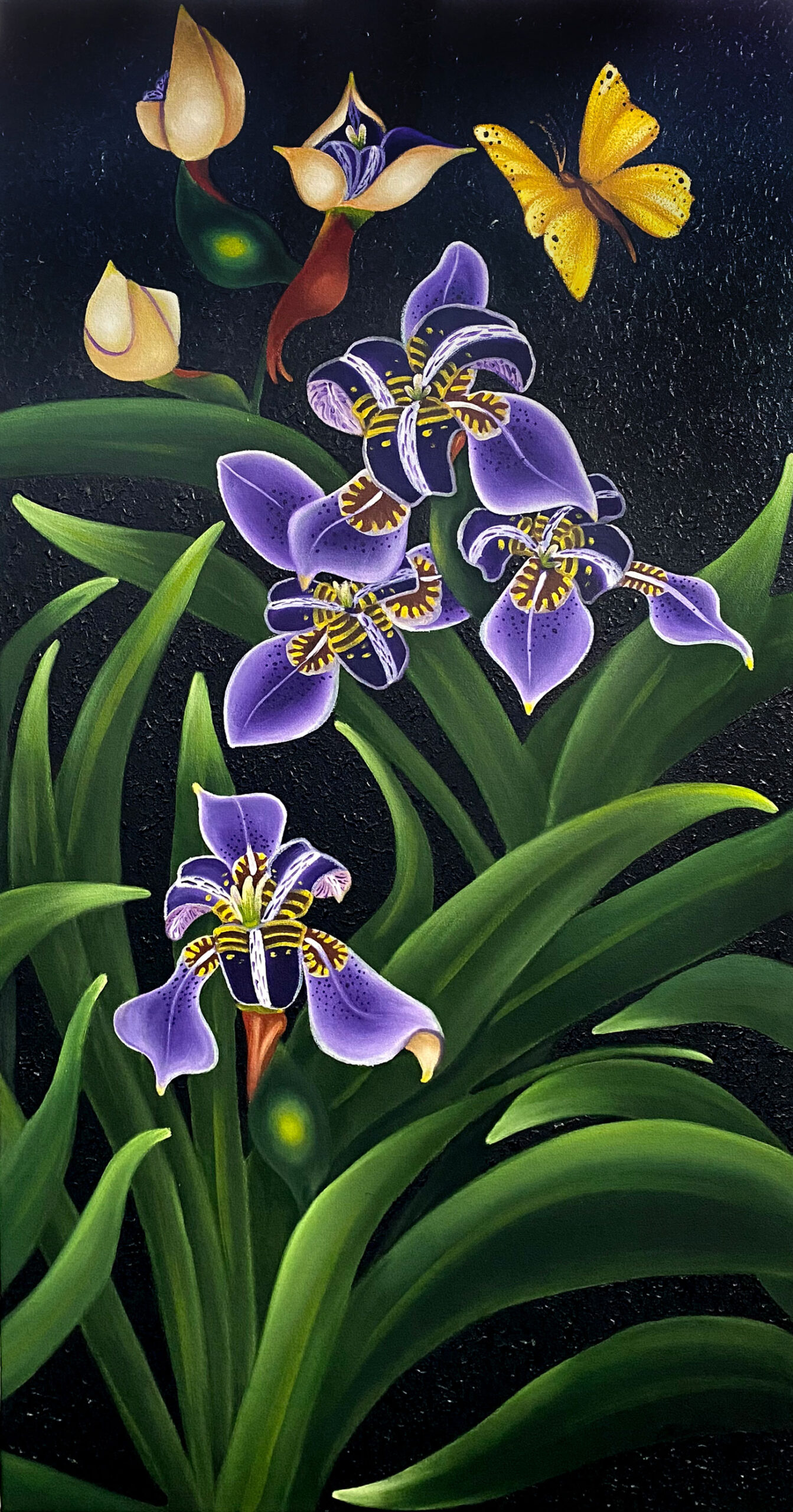 Purple Irises & Yellow Butterfly 1 (Diptych)